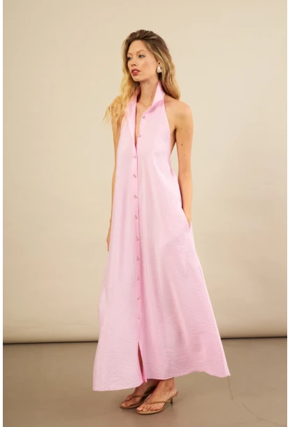 Kadın Pembe Sırtı Açık Maxi Gömlek Elbise ELN3132