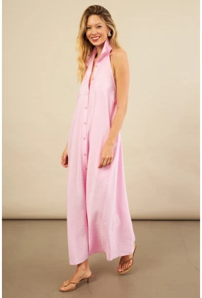 Kadın Pembe Sırtı Açık Maxi Gömlek Elbise ELN3132