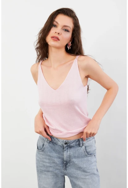 Kadın Pembe V Yaka Triko Bluz KZ546