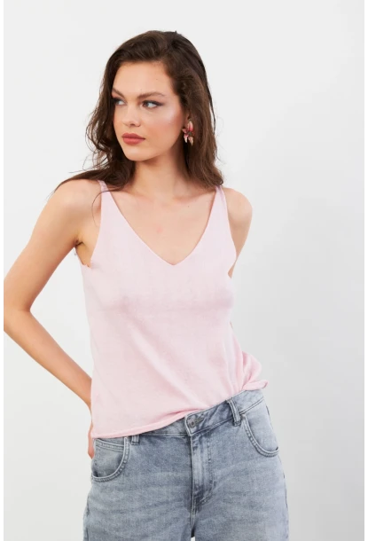 Kadın Pembe V Yaka Triko Bluz KZ546