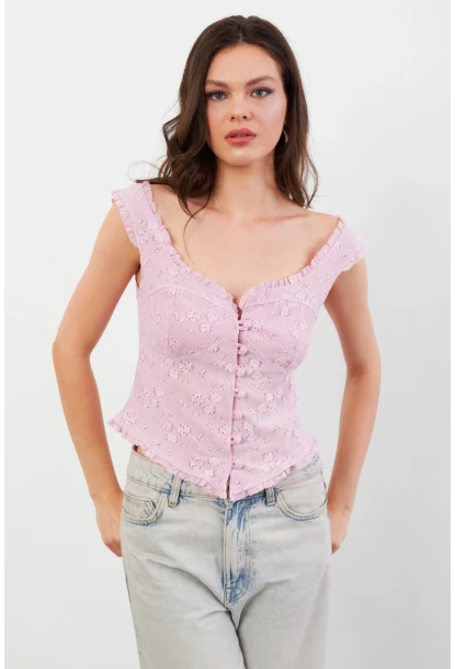 Kadın Pembe Volanlı Düğmeli Bluz KED7324