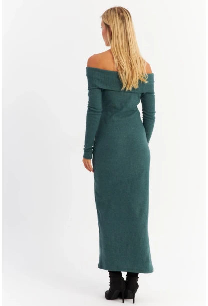 Kadın Petrol Madonna Yaka Kaşkorse Maxi Elbise HOL1