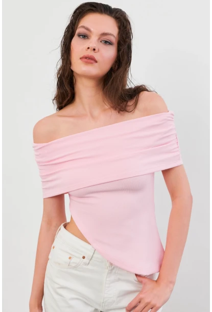 Kadın Pudra Asimetrik Madonna Yaka Bluz OPS4251
