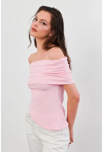 Kadın Pudra Asimetrik Madonna Yaka Bluz OPS4251
