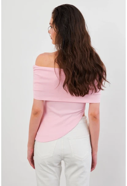Kadın Pudra Asimetrik Madonna Yaka Bluz OPS4251