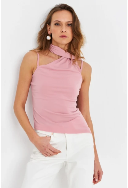 Kadın Pudra Fularlı Asimetrik Bluz HOR0079