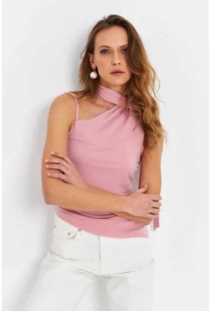Kadın Pudra Fularlı Asimetrik Bluz HOR0079