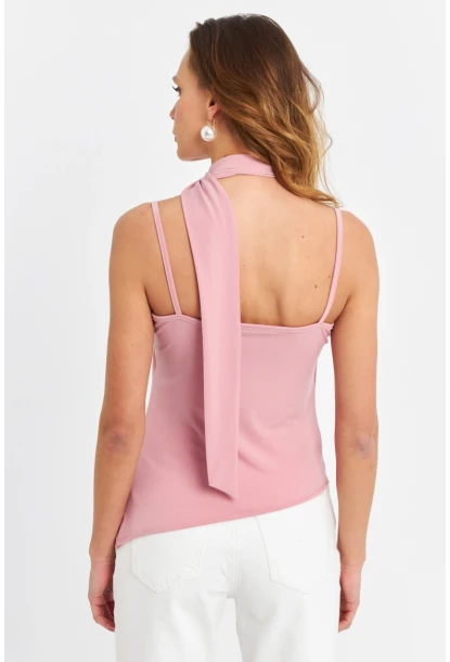 Kadın Pudra Fularlı Asimetrik Bluz HOR0079