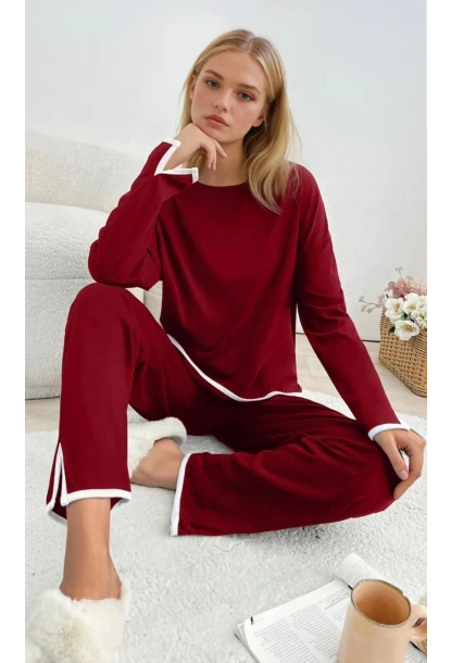 Kadın Relax Fit Süprem Pijama Takım Bordo