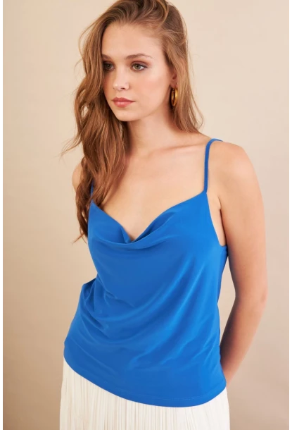 Kadın Saks Degaje Yaka Bluz LPP1286-90