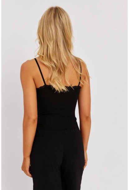 Kadın Saks-Siyah Askılı Dantelli Bluz MK07