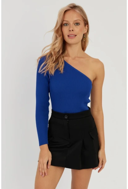 Kadın Saks Tek Omuz Triko Bluz YV204