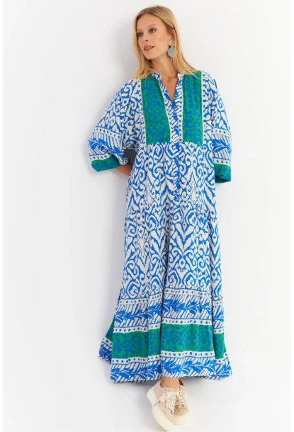 Kadın Saks-Yeşil Volanlı Maxi Elbise MALO11