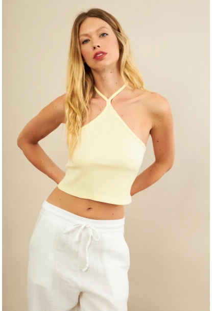 Kadın Sarı Boncuk Detaylı Sırtı Açık Bluz LPP1245-90