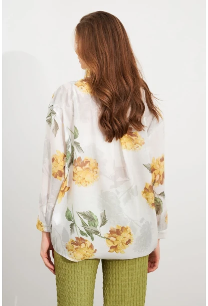 Kadın Sarı Çiçek Desenli İnce Keten Gömlek MCAR1068
