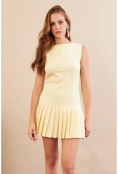 Kadın Sarı Eteği Pileli Mini Elbise FRY2265