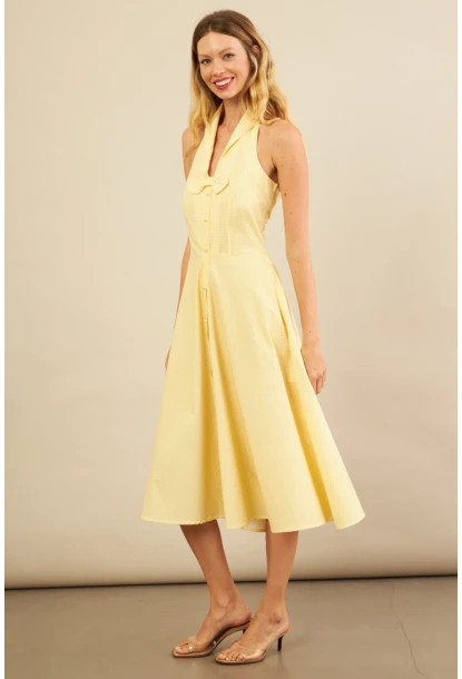 Kadın Sarı Kurdele Detaylı Ekose Gömlek Elbise PSG1014