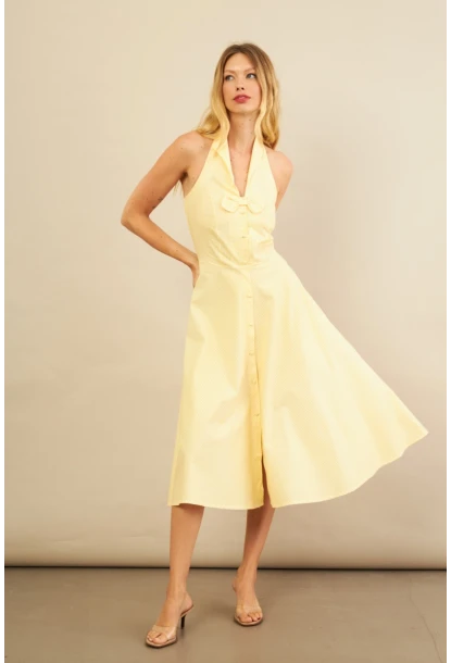 Kadın Sarı Kurdele Detaylı Ekose Gömlek Elbise PSG1014