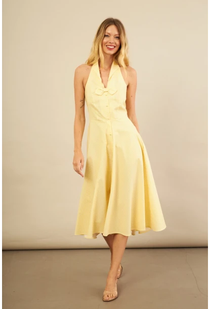 Kadın Sarı Kurdele Detaylı Ekose Gömlek Elbise PSG1014