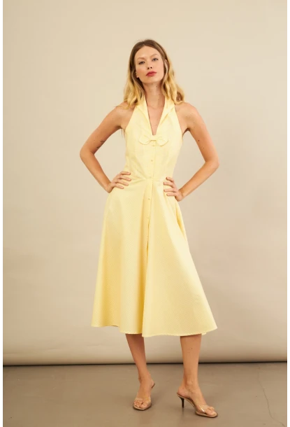 Kadın Sarı Kurdele Detaylı Ekose Gömlek Elbise PSG1014