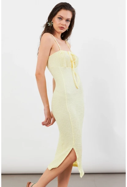 Kadın Sarı Önü Bağlamalı Rustik Midi Elbise FRO2001