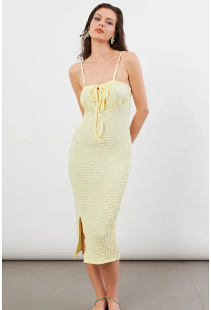 Kadın Sarı Önü Bağlamalı Rustik Midi Elbise FRO2001