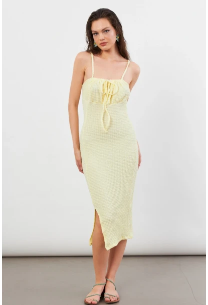 Kadın Sarı Önü Bağlamalı Rustik Midi Elbise FRO2001