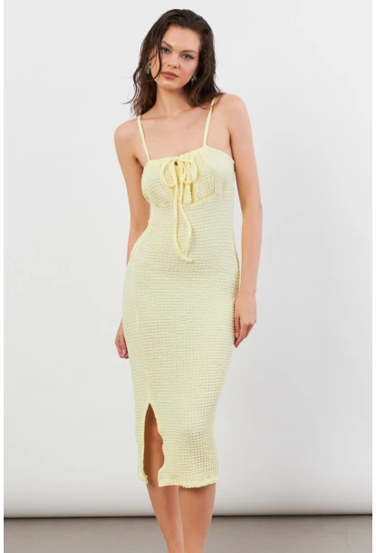 Kadın Sarı Önü Bağlamalı Rustik Midi Elbise FRO2001