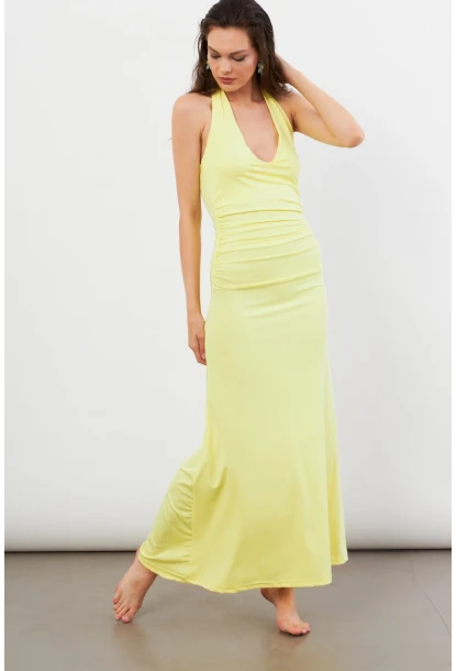 Kadın Sarı Sırtı Açık Boyun Bağlamalı Maxi Elbise DCF061