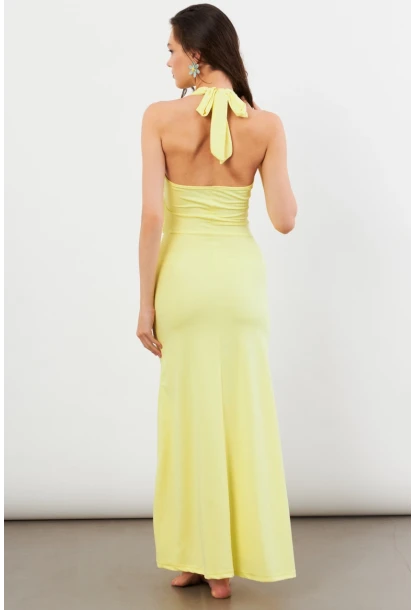 Kadın Sarı Sırtı Açık Boyun Bağlamalı Maxi Elbise DCF061