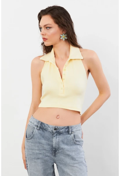 Kadın Sarı Sırtı Açık Düğmeli Bluz LPP1246-90