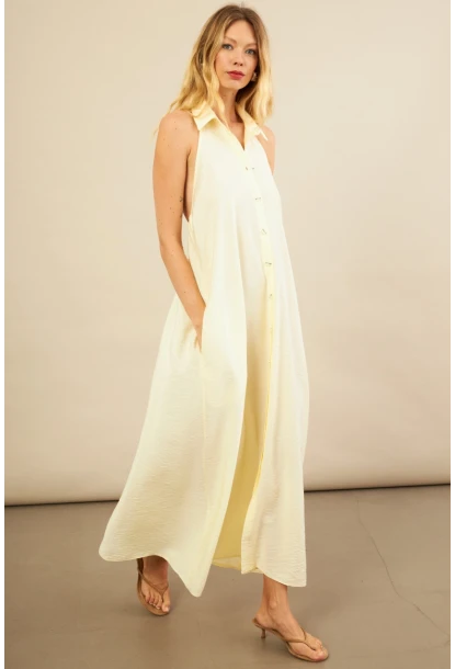 Kadın Sarı Sırtı Açık Maxi Gömlek Elbise ELN3132