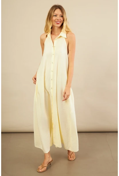 Kadın Sarı Sırtı Açık Maxi Gömlek Elbise ELN3132