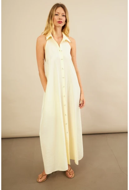 Kadın Sarı Sırtı Açık Maxi Gömlek Elbise ELN3132
