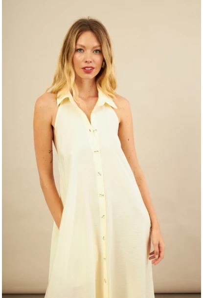 Kadın Sarı Sırtı Açık Maxi Gömlek Elbise ELN3132
