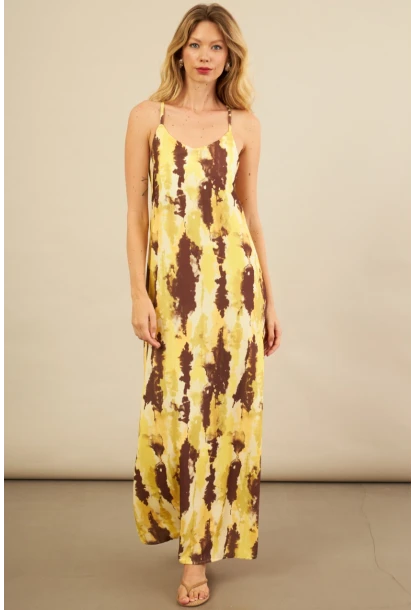 Kadın Sarı Sırtı Çapraz Desenli Maxi Elbise KZ1528