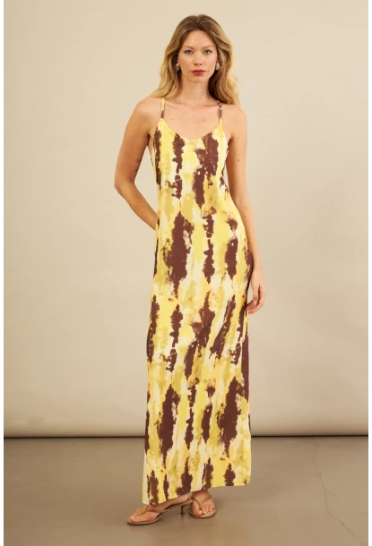 Kadın Sarı Sırtı Çapraz Desenli Maxi Elbise KZ1528