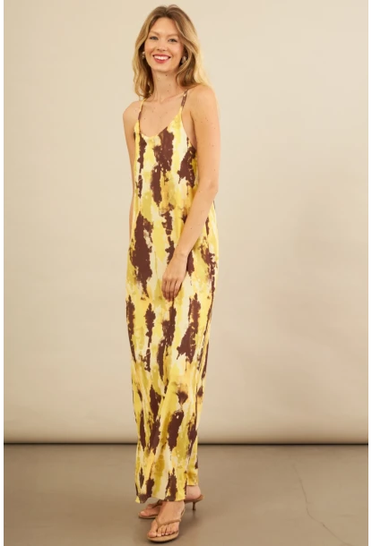 Kadın Sarı Sırtı Çapraz Desenli Maxi Elbise KZ1528