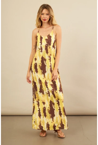 Kadın Sarı Sırtı Çapraz Desenli Maxi Elbise KZ1528
