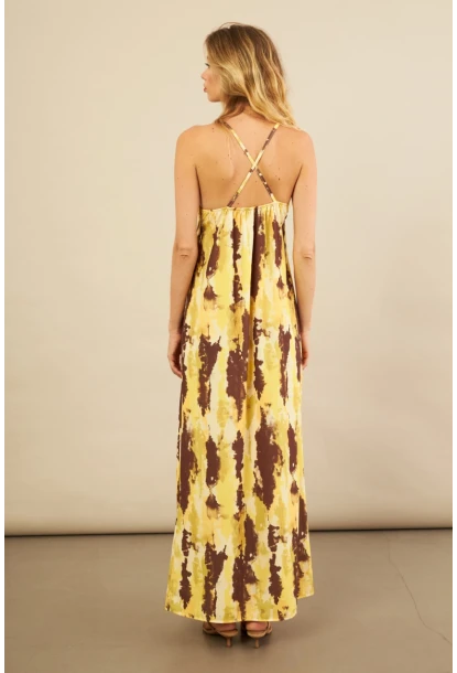 Kadın Sarı Sırtı Çapraz Desenli Maxi Elbise KZ1528