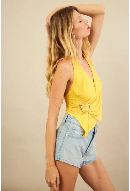 Kadın Sarı Tokalı Asimetrik Crop Bluz AN8134