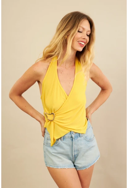 Kadın Sarı Tokalı Asimetrik Crop Bluz AN8134