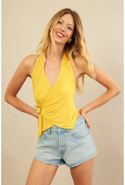 Kadın Sarı Tokalı Asimetrik Crop Bluz AN8134