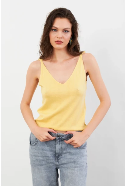Kadın Sarı V Yaka Triko Bluz KZ546