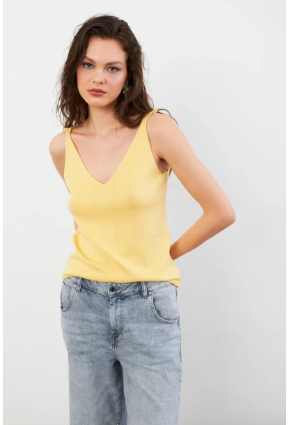 Kadın Sarı V Yaka Triko Bluz KZ546