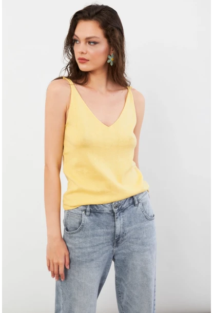 Kadın Sarı V Yaka Triko Bluz KZ546