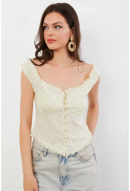 Kadın Sarı Volanlı Düğmeli Bluz KED7324