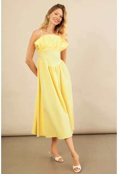 Kadın Sarı Volanlı Midi Elbise MİL4856