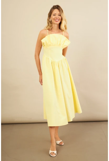 Kadın Sarı Volanlı Midi Elbise MİL4856