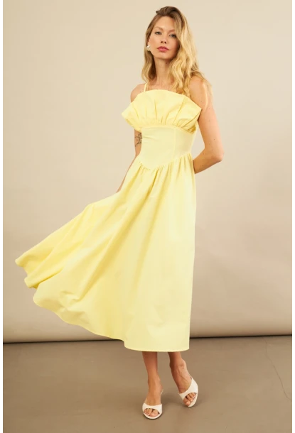 Kadın Sarı Volanlı Midi Elbise MİL4856